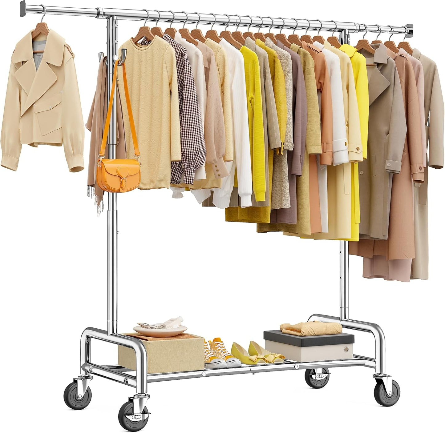 Raybee Heavy Duty Clothes Rack - 75" Extra Wide, 450 LBS Capacity, Lockable Wheels & 4 Hooks