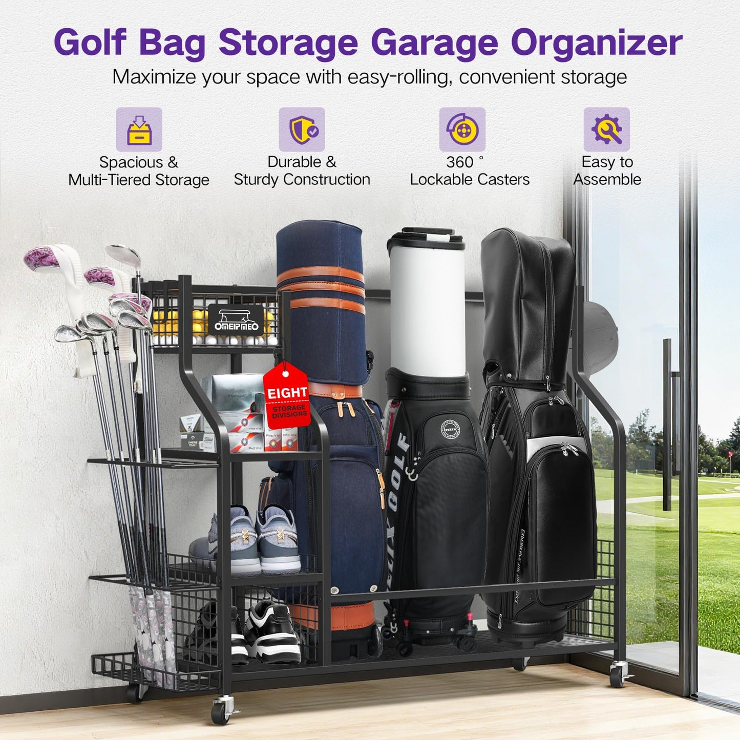 Golf Bag Storage Garage Organizer, Golf Bag Storage Stand and Other Golfing Equipment Accessories Rack, 3 Golf Bag Storage Rack with Wheels, Golf Organizer for Home, Garage, Club, Shed, Basement