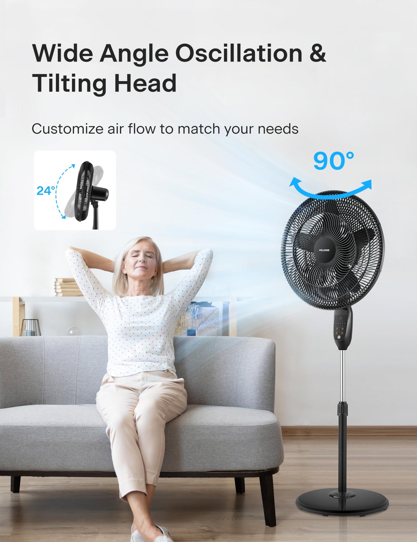 PELONIS PFS45A5BBB 18 inch 5-Blade Oscillating, Adjustable Standing Pedestal Remote, LED Display, 5 Speed Setting and 7-Hour Timer Fan, Black
