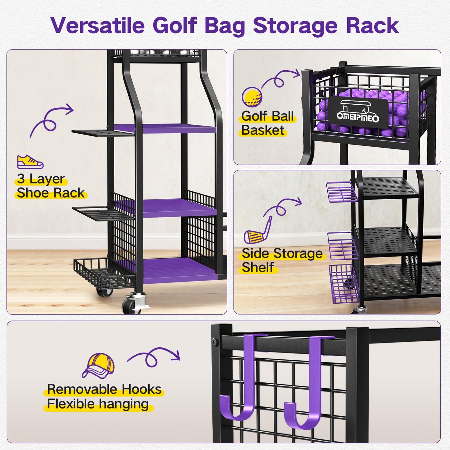 Golf Bag Storage Garage Organizer, Golf Bag Storage Stand and Other Golfing Equipment Accessories Rack, Golf Bag Storage Rack with Wheels, Golf Organizer for Home, Garage, Club, Shed, Basement