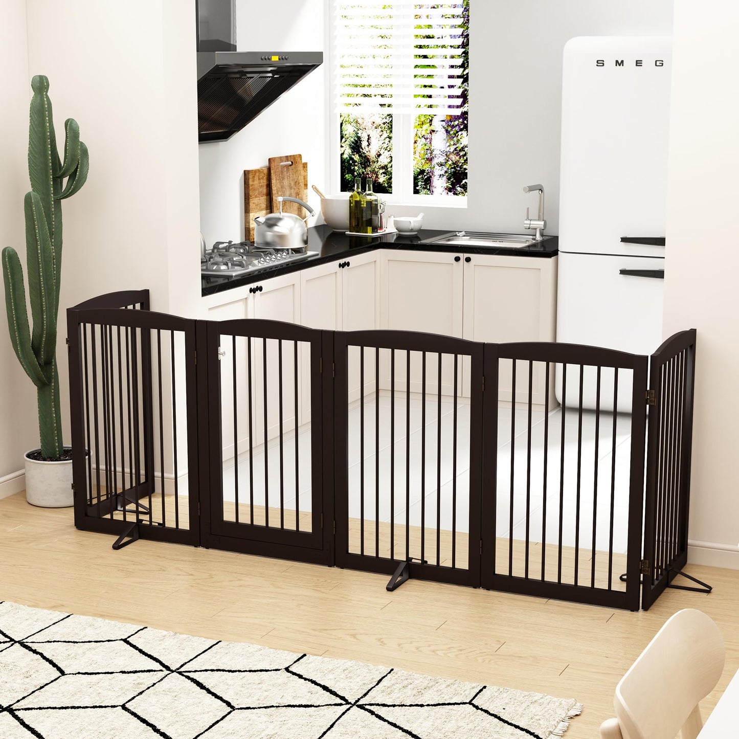 PUPETPO Freestanding Pet Gate with Door, Tall Dog Gate for House, Extra Wide, Pet Puppy Safety Fence, Support Feet Included, 120 Inch Wide, 6 Panels 32" Tall, Brown