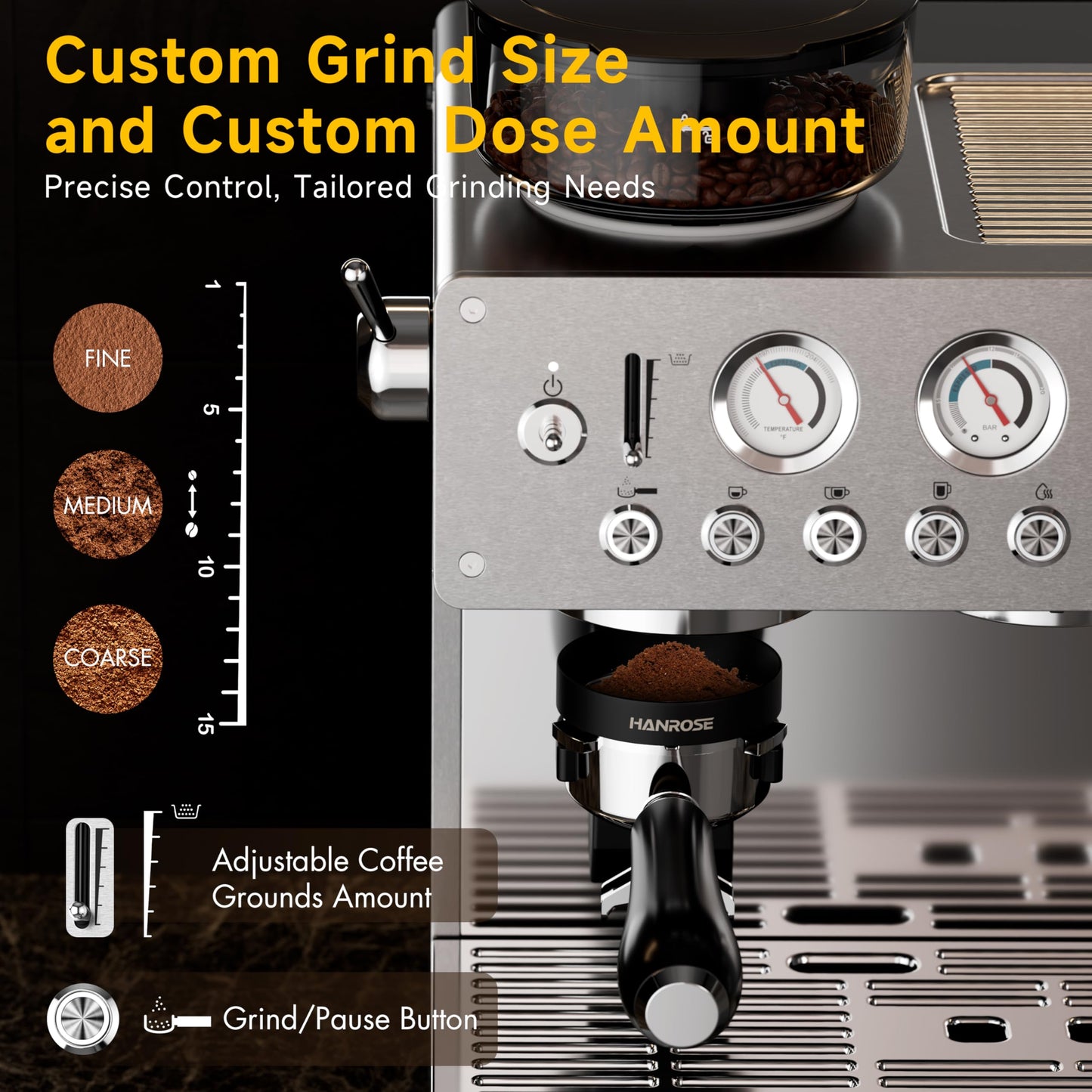 HANROSE Espresso Machine with Grinder, 20Bar Espresso Machine Stainless Steel, Coffee Machine with Milk Frother for Latte/Cappuccino, Adjustable Temperature, Independent Hot Water & Americano Function