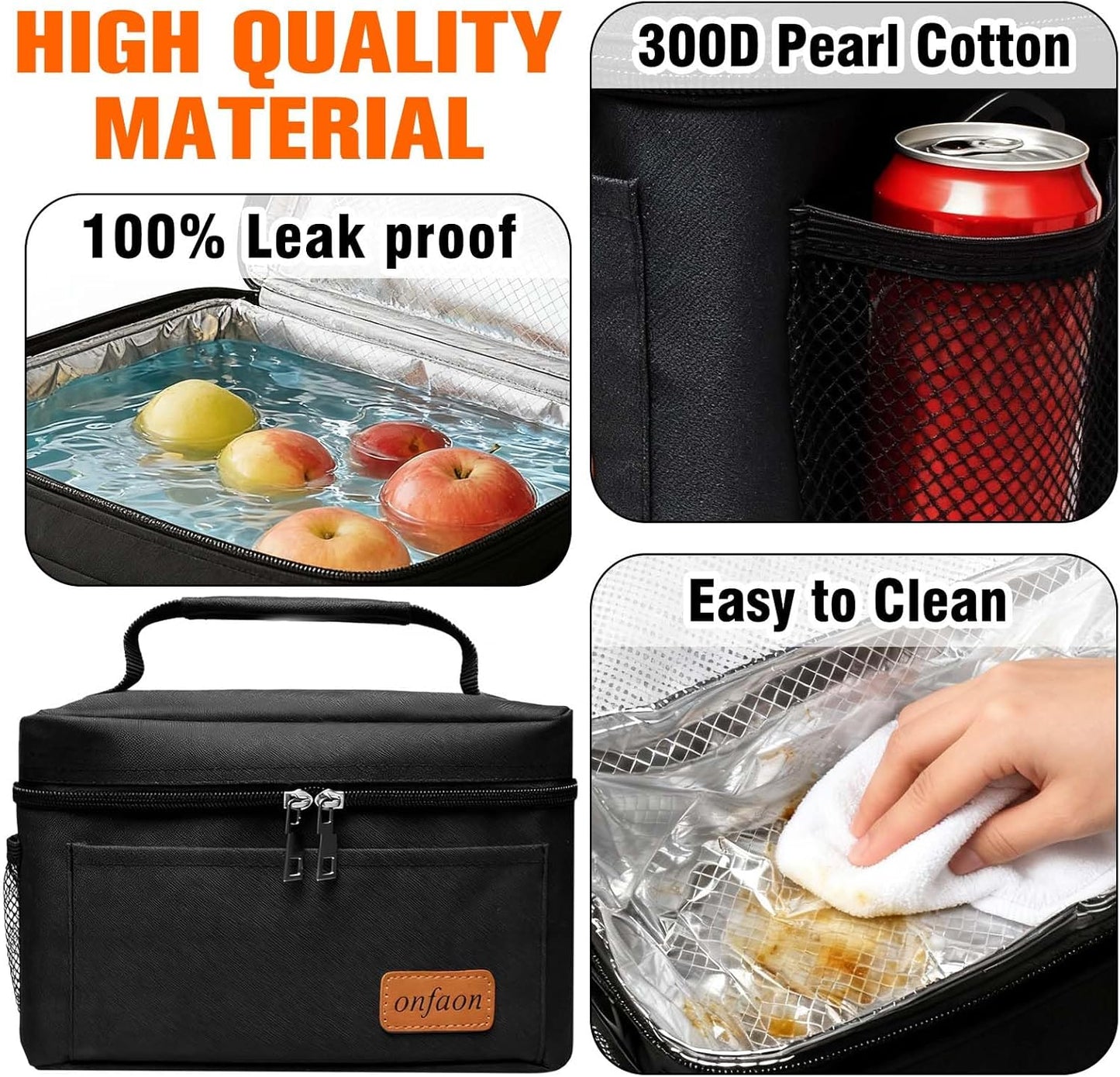 ONFAON Insulated Lunch Bag - Reusable Leakproof Cooler Tote with Adjustable Strap | Black
