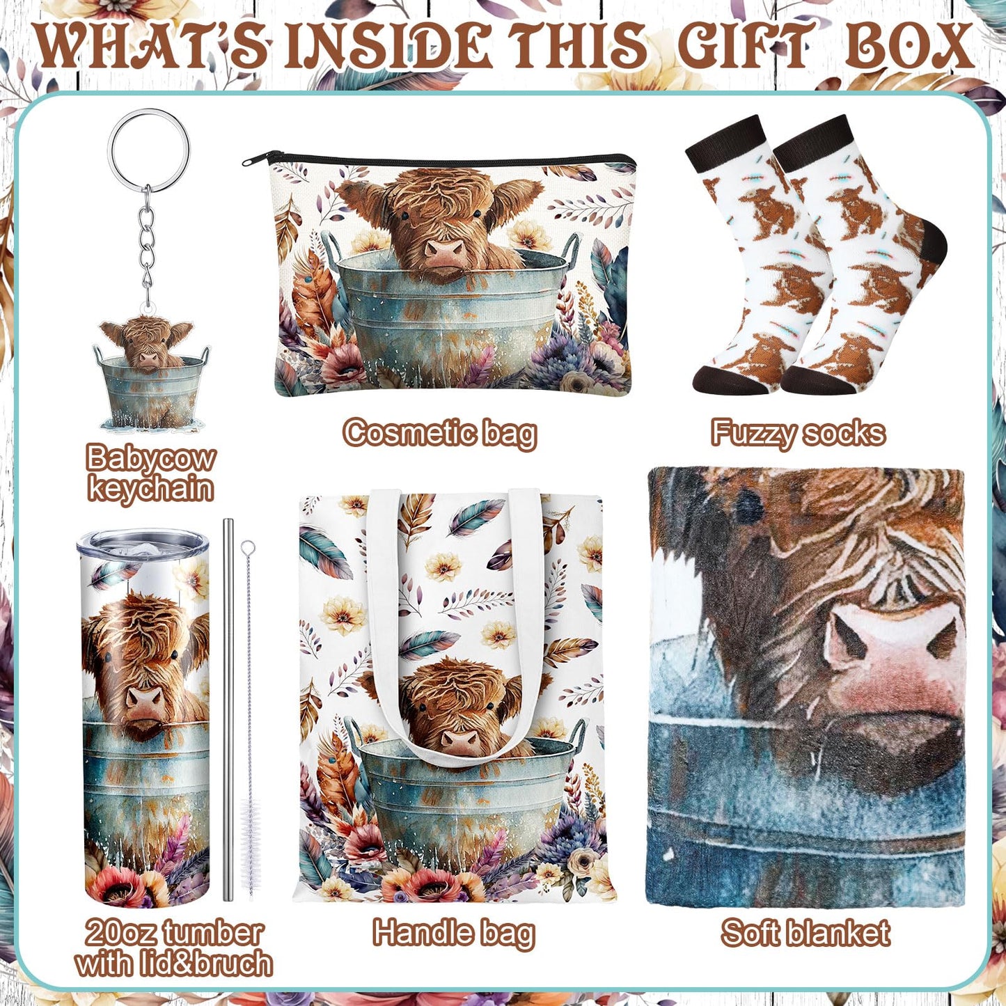 Tiangrid 6 Pcs Highland Cow Gifts for Women Include 20 oz Stainless Steel Tumbler with Lid and Straw Cosmetic Bag Throw Blanket Keychain Socks Handbag for Women Girls(Multicolor)
