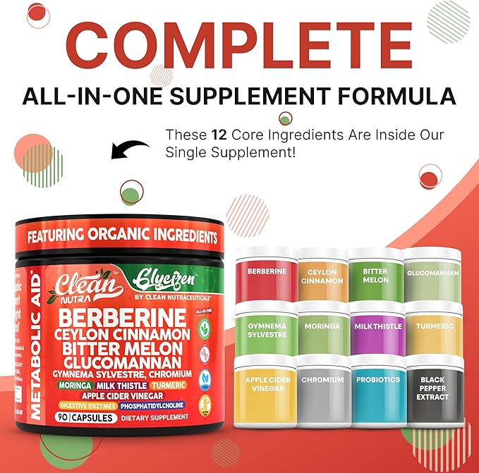 Clean Nutra Berberine and Ceylon Cinnamon Supplement Bitter Melon Glucomannan Gymnema Sylvestre Chromium Moringa Milk Thistle Turmeric Apple Cider Vinegar Digestive Enzymes Inositol Pills 90 Capsules