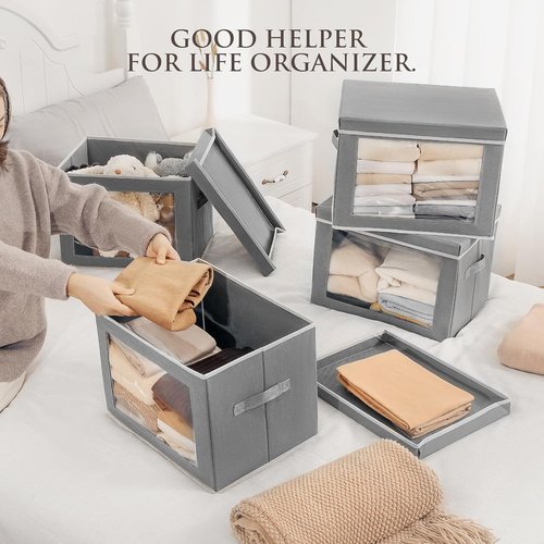Homsorout Storage Bins - 4 Pack Large Fabric Storage Cubes with Lids & Handles | Grey Organizing Solution