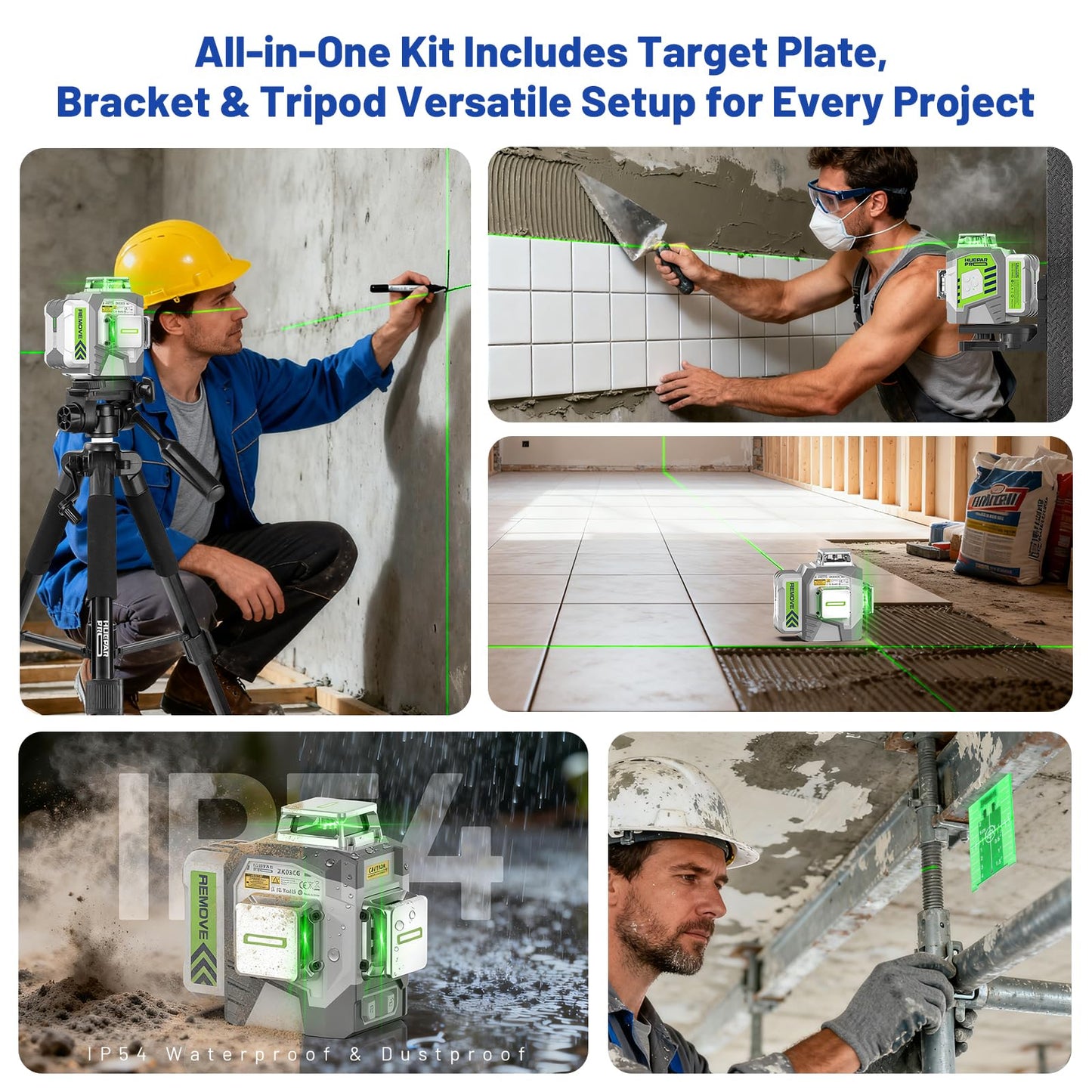 Huepar Pro Laser Level 360 Self Leveling with 50inch Tripod, 3 x 360° High Brightness Green Laser Leveler Tool for Construction, Tile and Picture Hanging, Rechargeable Battery & Magnetic Bracket