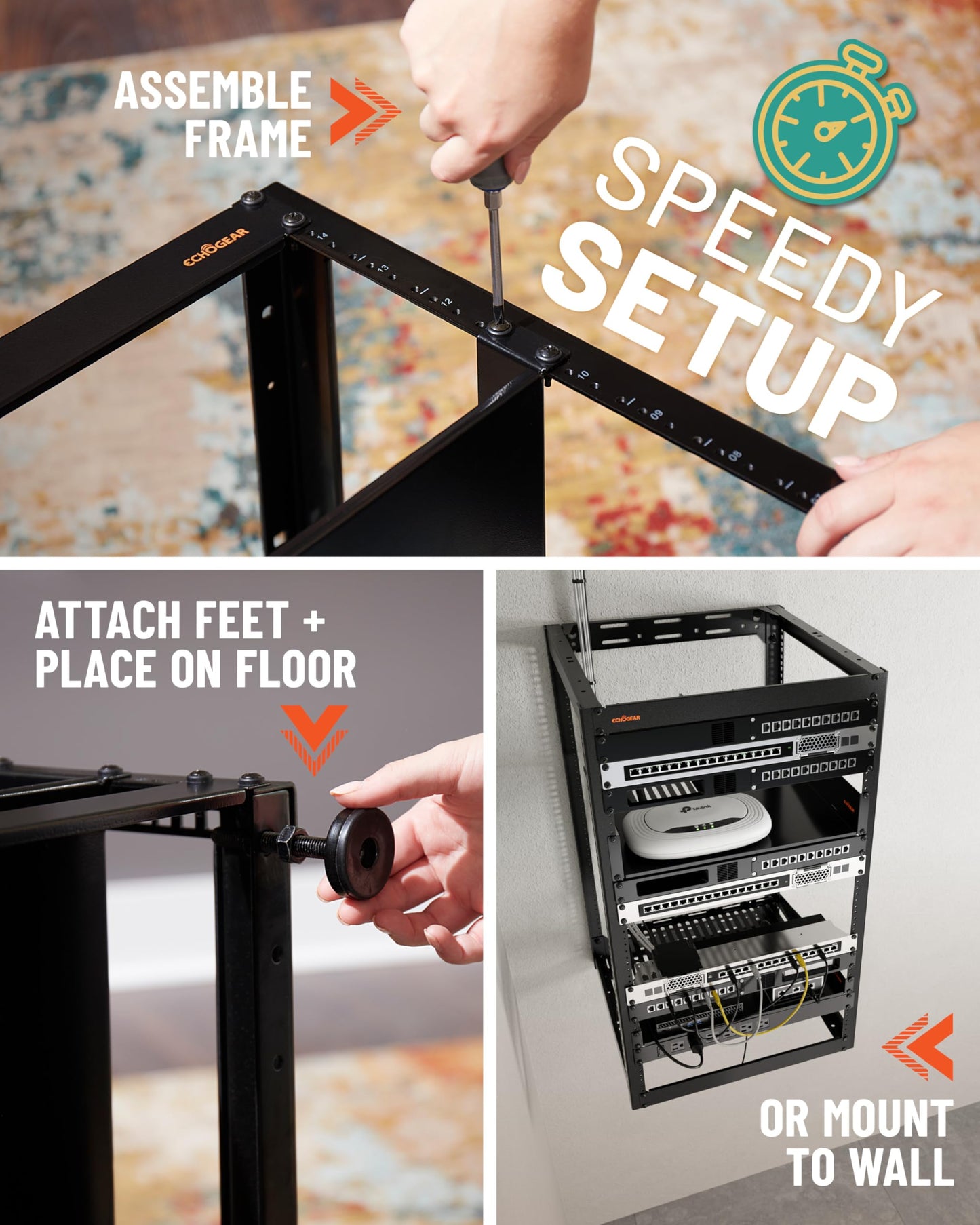 ECHOGEAR 20U Open Frame Rack for Servers & AV Gear - Wall Mountable Design Includes 2X Vented Shelves, 25x Rack Mounting Screws, 4X Leveling Feet, 4X Shelf Stops, & 2X Securement Straps
