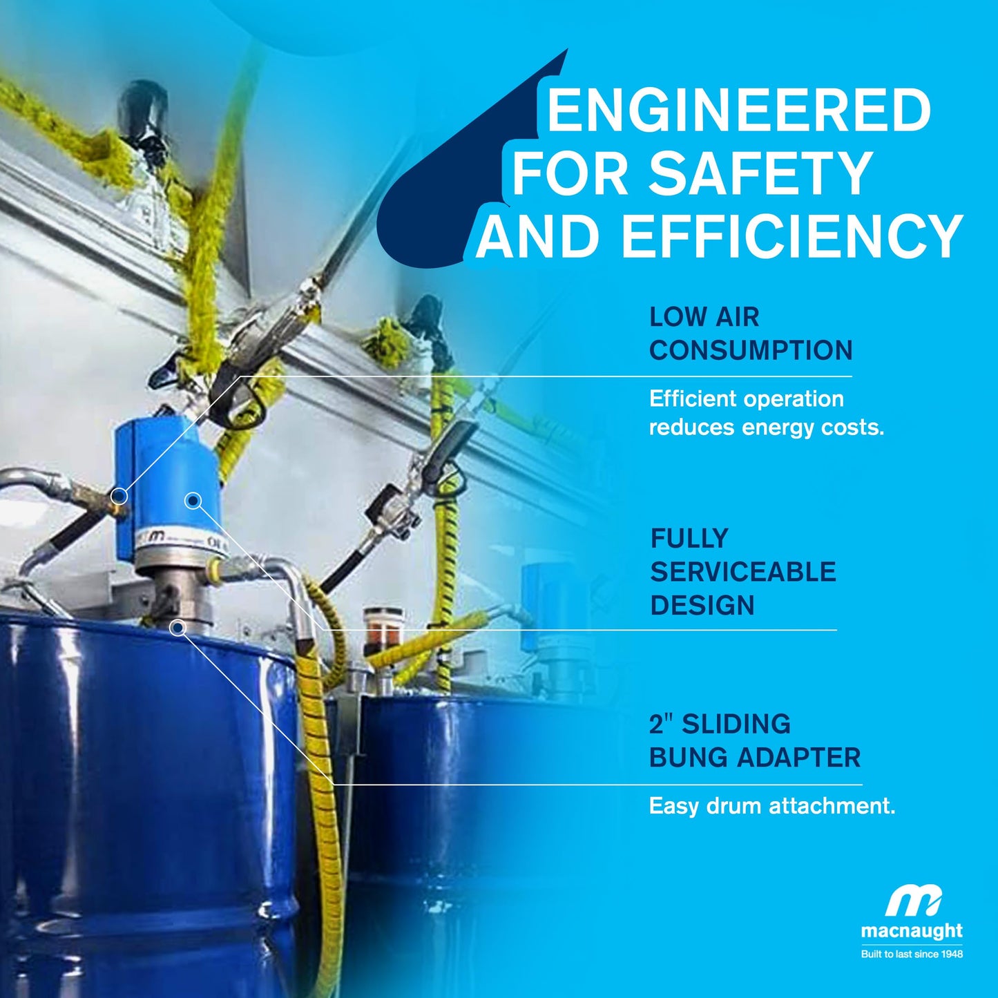 Macnaught 3:1 Ratio Air Operated Oil Transfer Pump. For gear oils up to SAE140, ATF, hydraulic & anti-freeze/anti-boil (Not for Gasoline or Diesel)