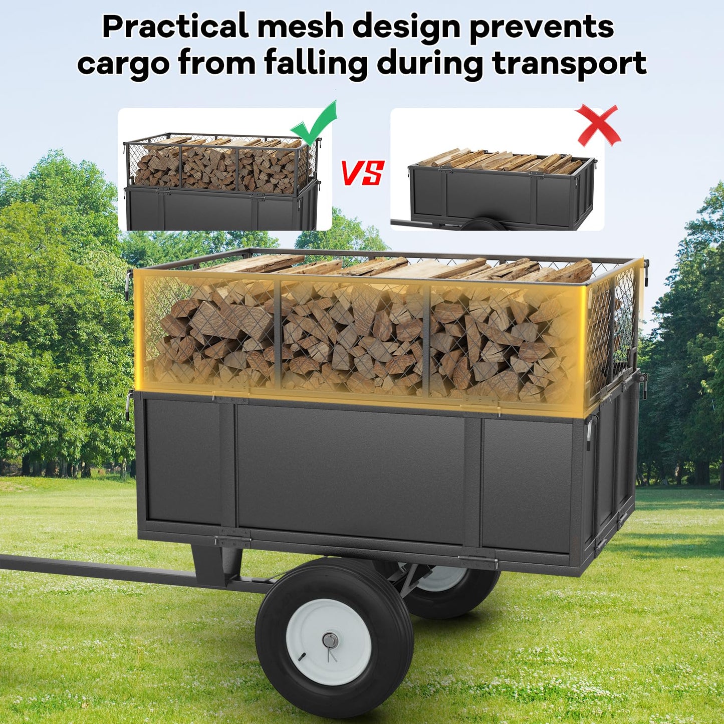 Heavy Duty Steel Utility Dump Trailer – 17 Cu.Ft Garden Cart with Removable Mesh Sides & Pneumatic Tires, 750 Lbs Tow Behind Trailer for ATV, UTV, Lawn Tractor Hauling in Yard & Farm, Black