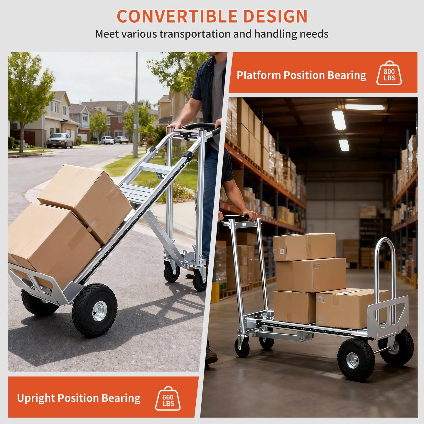 Aluminum Convertible Hand Truck, 800lbs 3 in 1 Folding Dolly Cart Lightweight Frame,Heavy Duty Industrial Platform Cart Handtruck for Construction, Logistics, Shopping, Home, Office Moving (Silver)