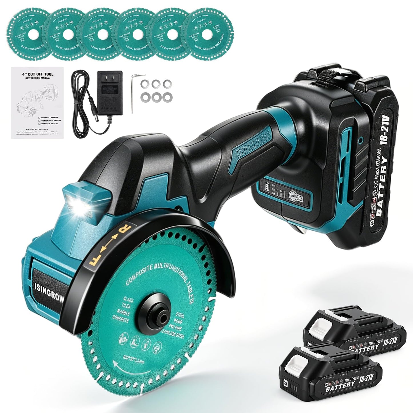 ISINGROWTH Cordless Cut Off Tool with 2 Batteries, 4-Inch 21V Brushless Mini Saw Kit, 3-Speed Multi-Material Cutter for Metal Wood Tile PVC, LED Light for DIY Repairs
