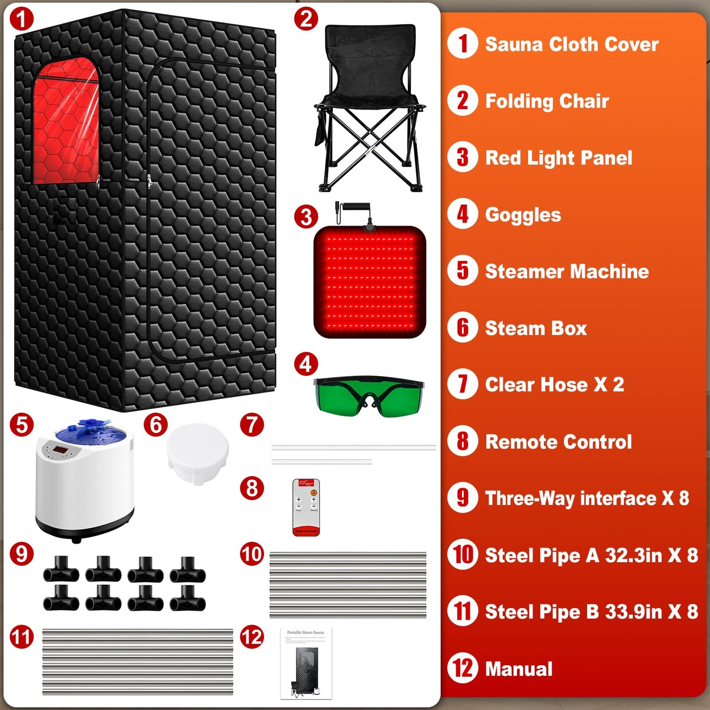 Portable Infrared Sauna, 160 LEDs Red Light Sauna Box, Steam Sauna Tent with 3L Steamer, 15 Heating Levels for Home Spa, Relaxation, Detoxification, Muscle Relief, Indoor & Outdoor, 32" x 32" x 71"