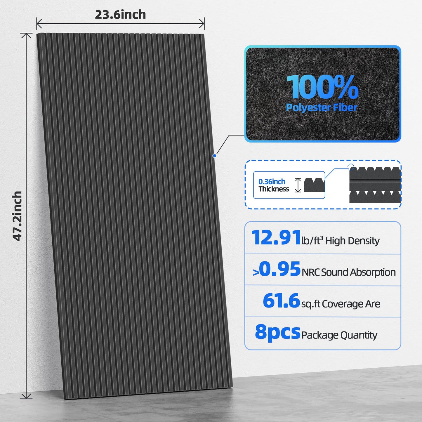 8 Pack Large Acoustic Panels Sound Absorbing with Self-Adhesive, 47.2”*23.6”*0.36” High Density Sound Proof Foam Panels for Walls, 3D Vertical Soundproof Wall Panels for Home Studio Office Decor-Black