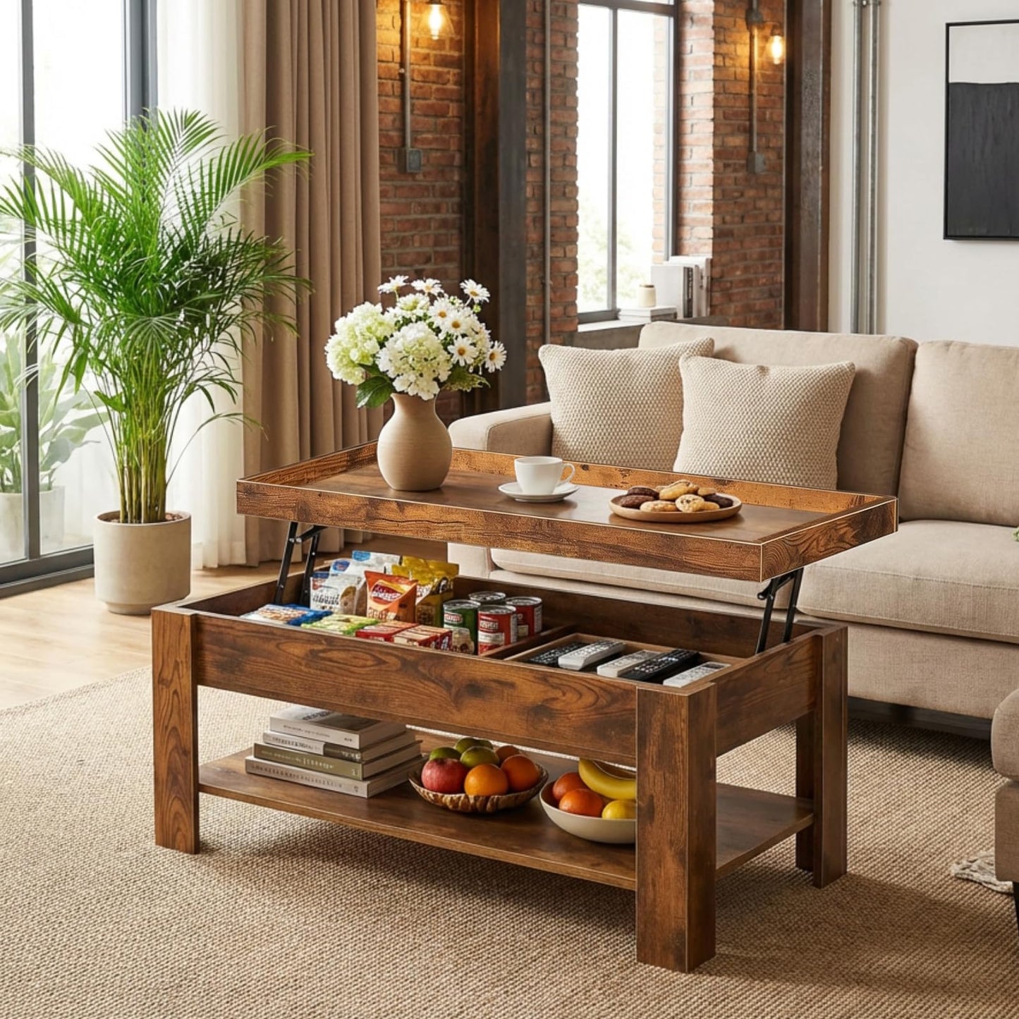 Lift Top Coffee Table with Hidden Storage, Modern Rising Tabletop Desk for Small Spaces, Wood Center Table with Large Compartment and Shelf for Living Room Apartment Dorm