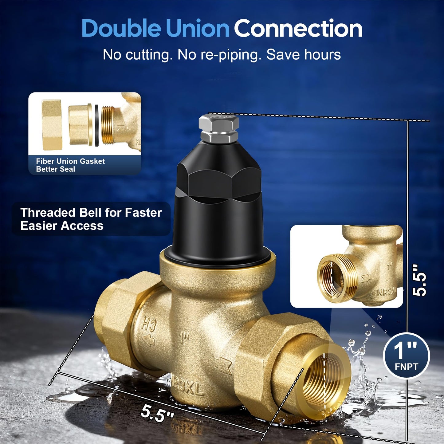 1-NR3XLDU 1" Pressure Reducing Valve with Double Union FNPT Connection Replace Zurn Wilkins Water Pressure Regulator for Home, Adjustable 15–75 PSI for Residential Main Water Lines