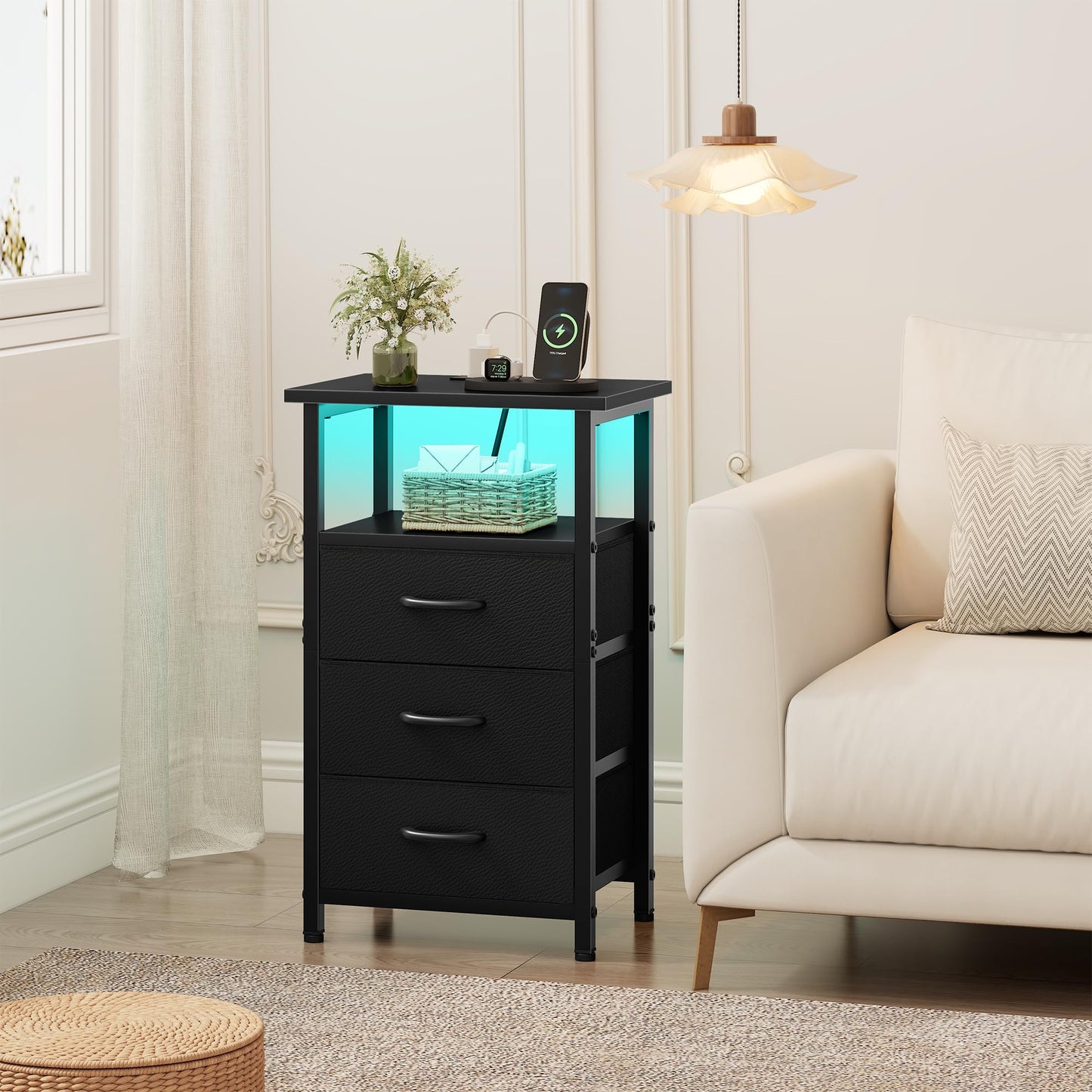 Vagusicc Night Stand Set 2 with Charging Station, LED Nightstand for Bedroom, Bedside Table with 3 Fabric Drawers, End Table Side Table with USB Ports & Outlets, Bed Side Table for Bedroom, Black