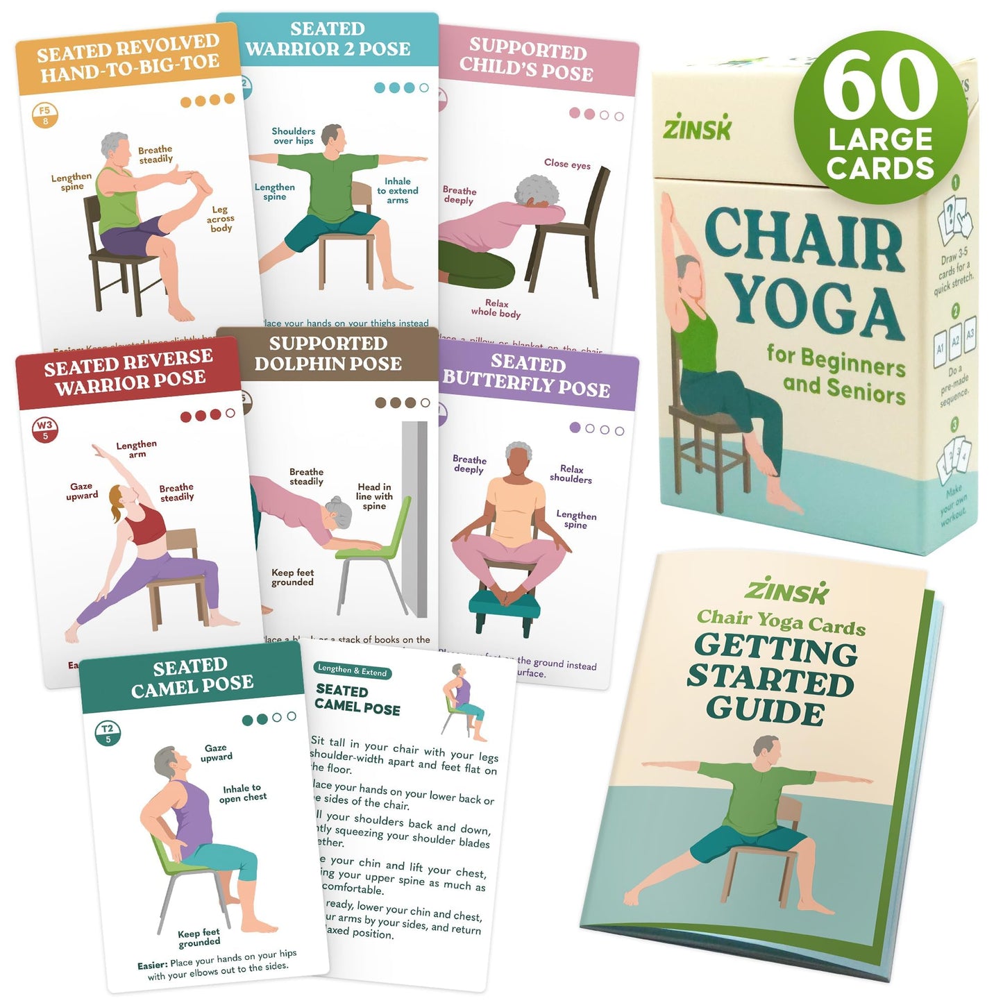 60 Chair Yoga Exercises – Gentle Workouts for Flexibility, Balance & Strength – Big 4″ x 6″ Cards with Step-by-Step Large-Text Instructions – Guidebook & 10 Pre-Made Routines for Seniors & Beginners