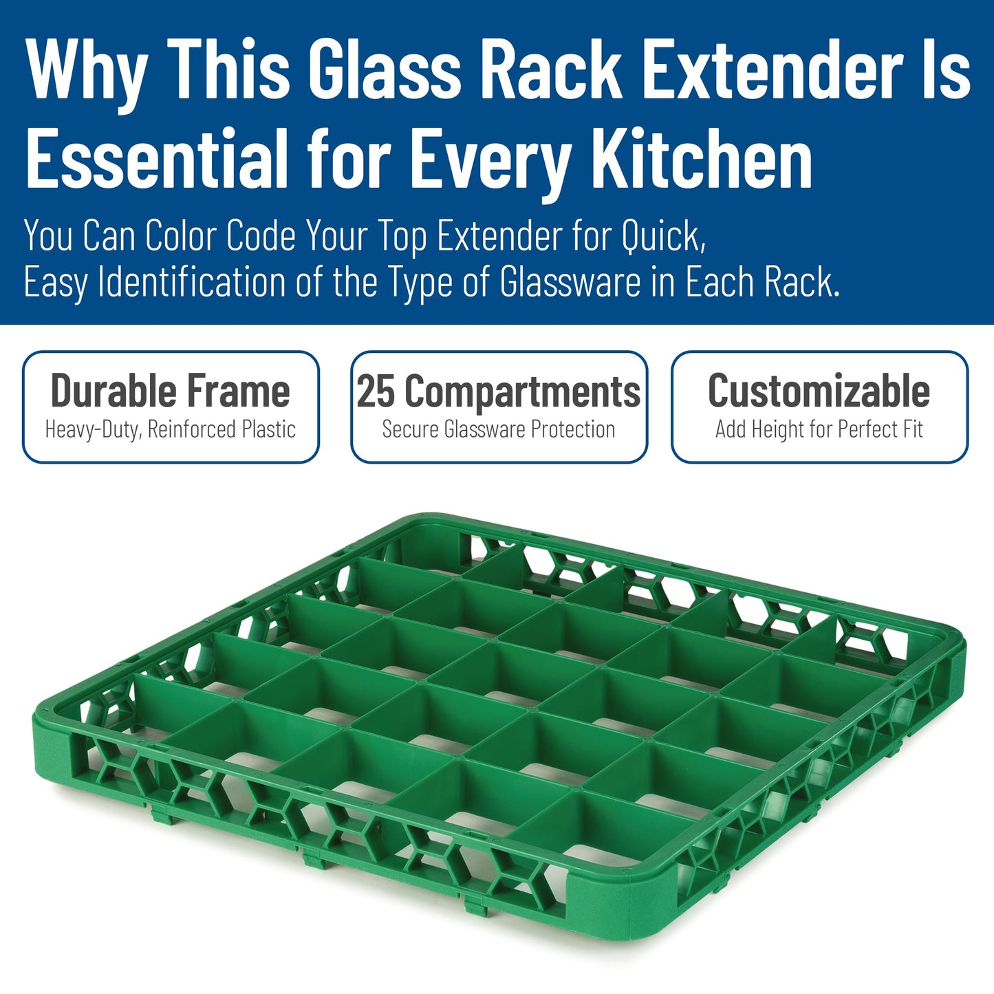 Carlisle FoodService Products OptiClean 25 Compartment Divided Glass Rack Extender for Commercial Dishwashers – Height Extender for Stemware, 3.54" x 3.54" Compartments, Green, (Pack of 6)