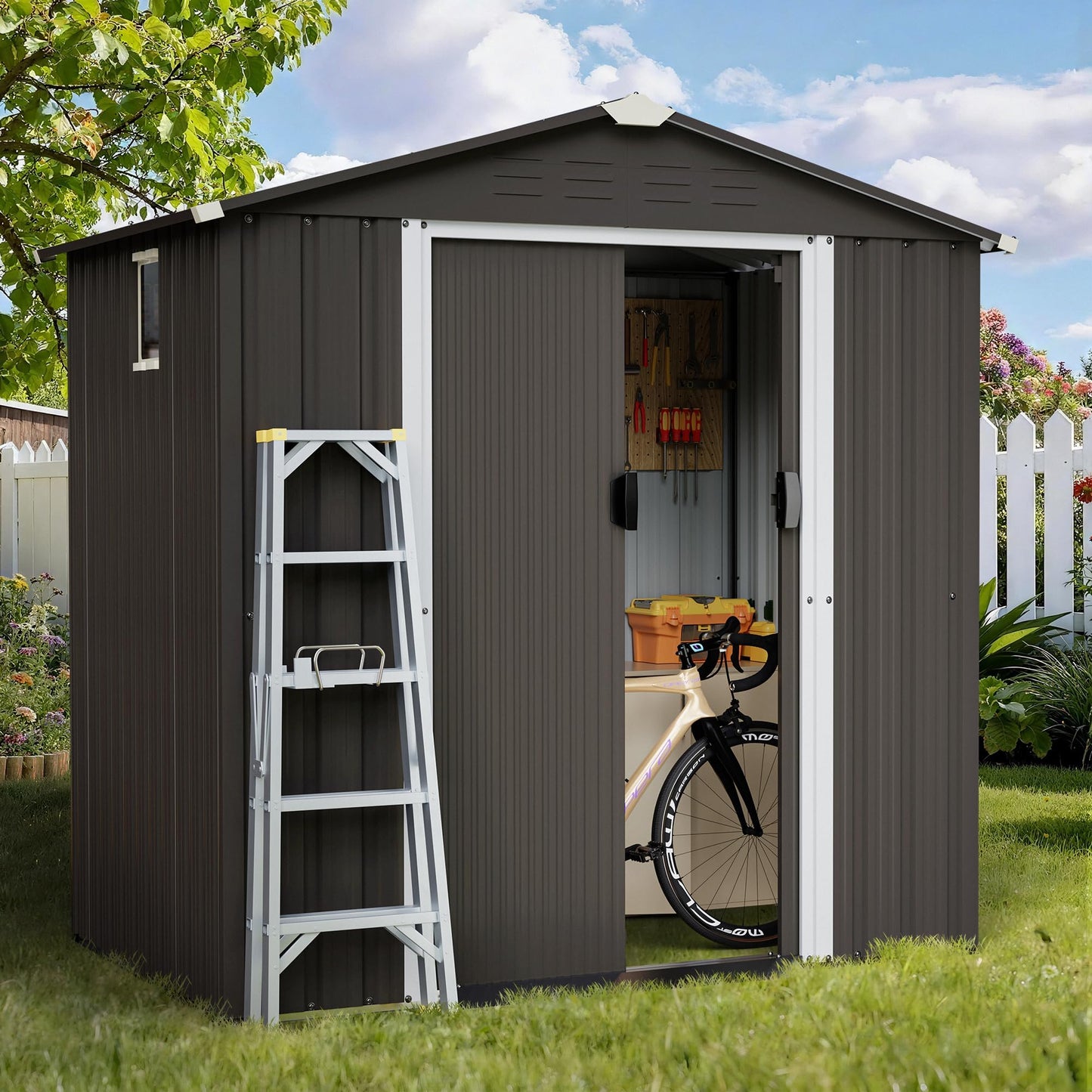 Shintenchi 6x4 FT Outdoor Storage Shed with Window, Lockable Outdoor Waterproof Tool Storage Sheds, Weather Resistant Tool Storage House Shed for Garden, Backyard,Patio Utility Tool Storage,Steel Grey