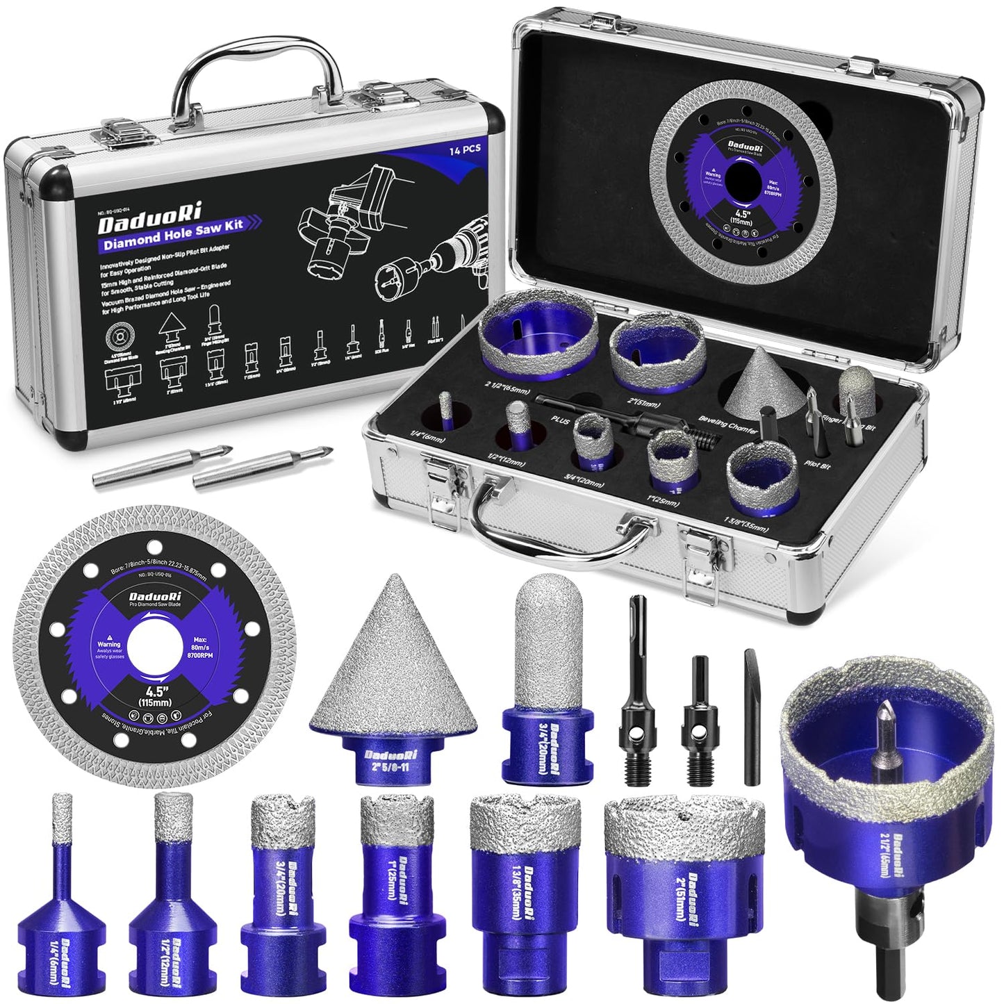 DaduoRi 14 PCS Diamond Hole Saw Kit with Pilot Bit Adapter, 1/4" - 2 1/2" Thickened Core Drill Bit Set, Includes Tile Shaping Cone & Diamond Saw Blade, for Porcelain, Ceramic, Granite, Marble, Stone