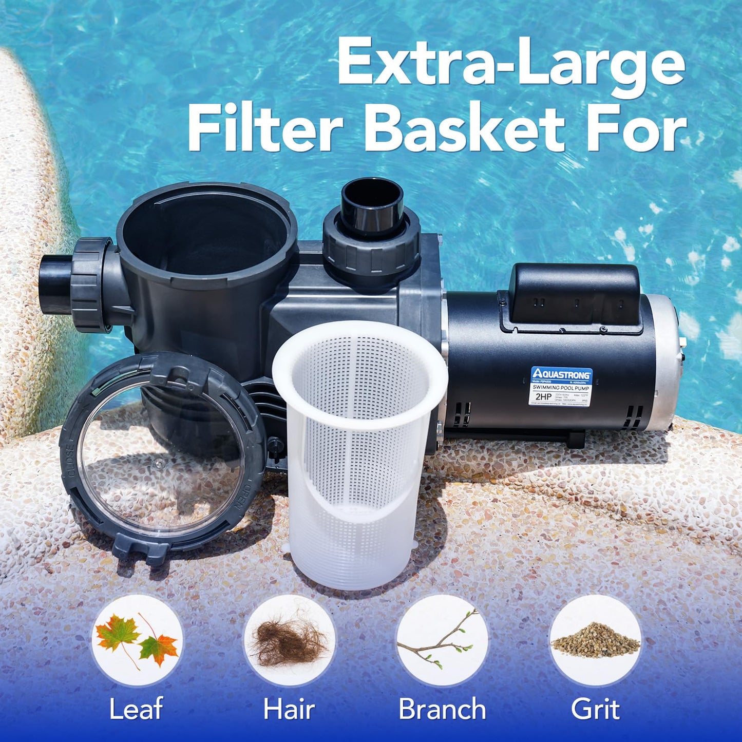 AQUASTRONG In/Above Ground Pool Pump Pure Copper Motor Energy Efficient High Flow Powerful Self Primming Swimming Pool Pumps with Filter Basket, Black