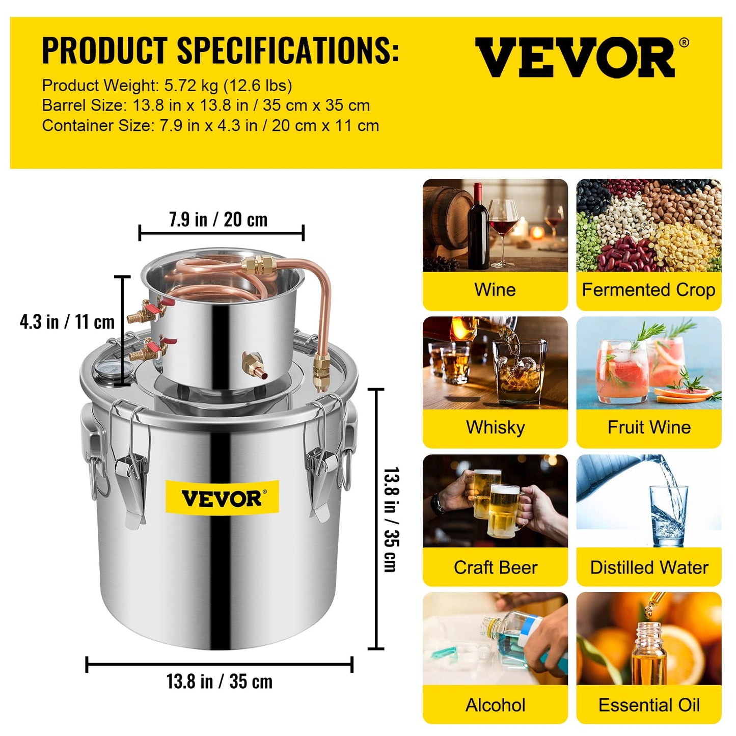 VEVOR Alcohol Still 8Gal/30L Alcohol Distiller Stainless Steel Distillery Kit for Alcohol With Copper Tube & Pump Home Brewing Kit Build-in Thermometer for DIY Whisky Wine Brandy