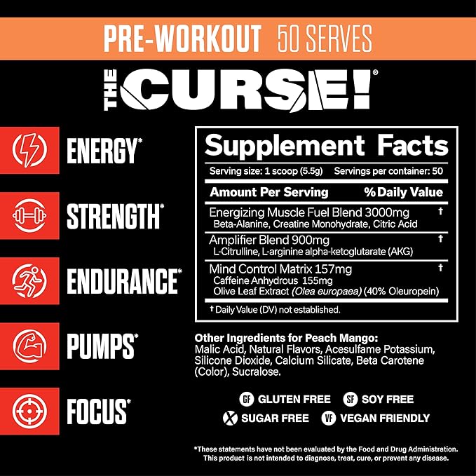 JNX SPORTS The Curse! Pre Workout Powder for Men & Women, Caffeine, Beta-Alanine, Creatine, L-Citrulline, 50 Servings, Peach Mango Flavor ??Boost Energy, Strength & Focus