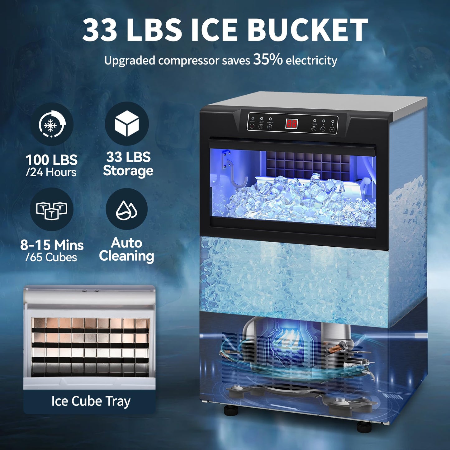 YITAHOME 100lbs Ice Maker Machine Commercial Under Counter Ice Maker, ETL & DOE Certificated Commercial Large Ice Makers Freestanding for Home Cafe Bar Restaurant 45pcs with 33lbs Storage Bin