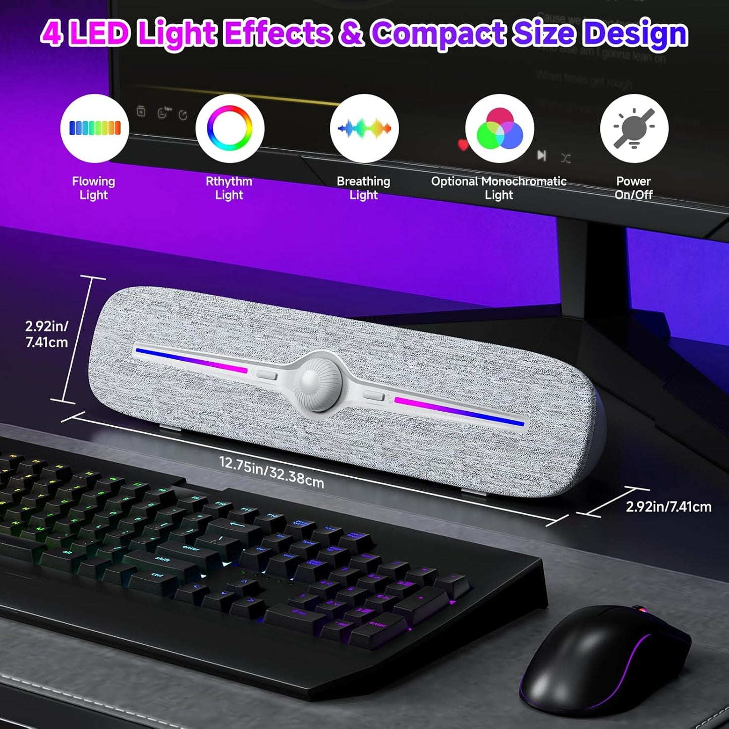 SOULION 3.5mm Computer Speakers for Desktop, USB Powered Bluetooth PC Speaker with Led Light, Aux Soundbar with Rotary