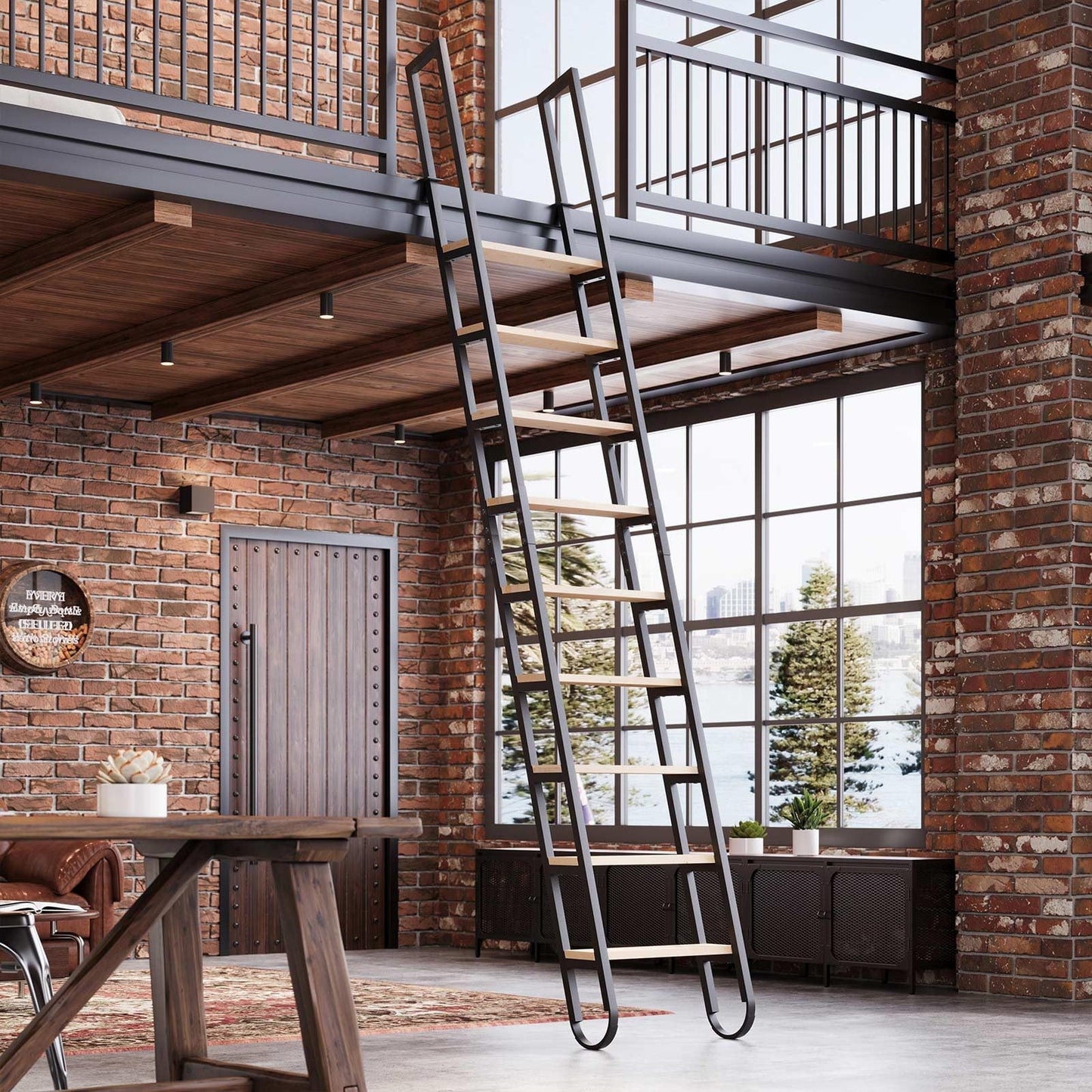 11.35FT Industrial Style Loft Ladder, 9 Steps with Black Steel Handrails & Solid Wood Steps, 450lbs Capacity, Fits 9.2-10FT Installation Height,for Attic, Kitchen, Warehouse,Bookshelf& Outdoor