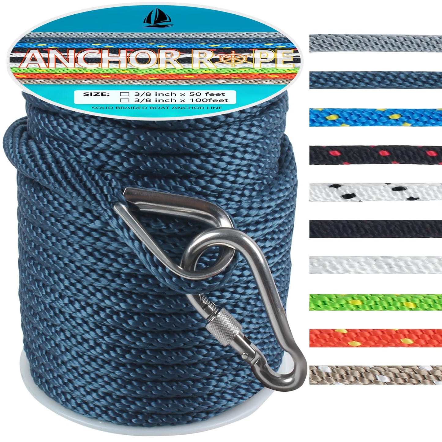 3/8 Inch 50 FT Anchor Rope, Boat Anchor Rope Solid Braid MFP, Anchor Line with 316 Stainless Steel Thimble and Snap Hook - Navy Blue