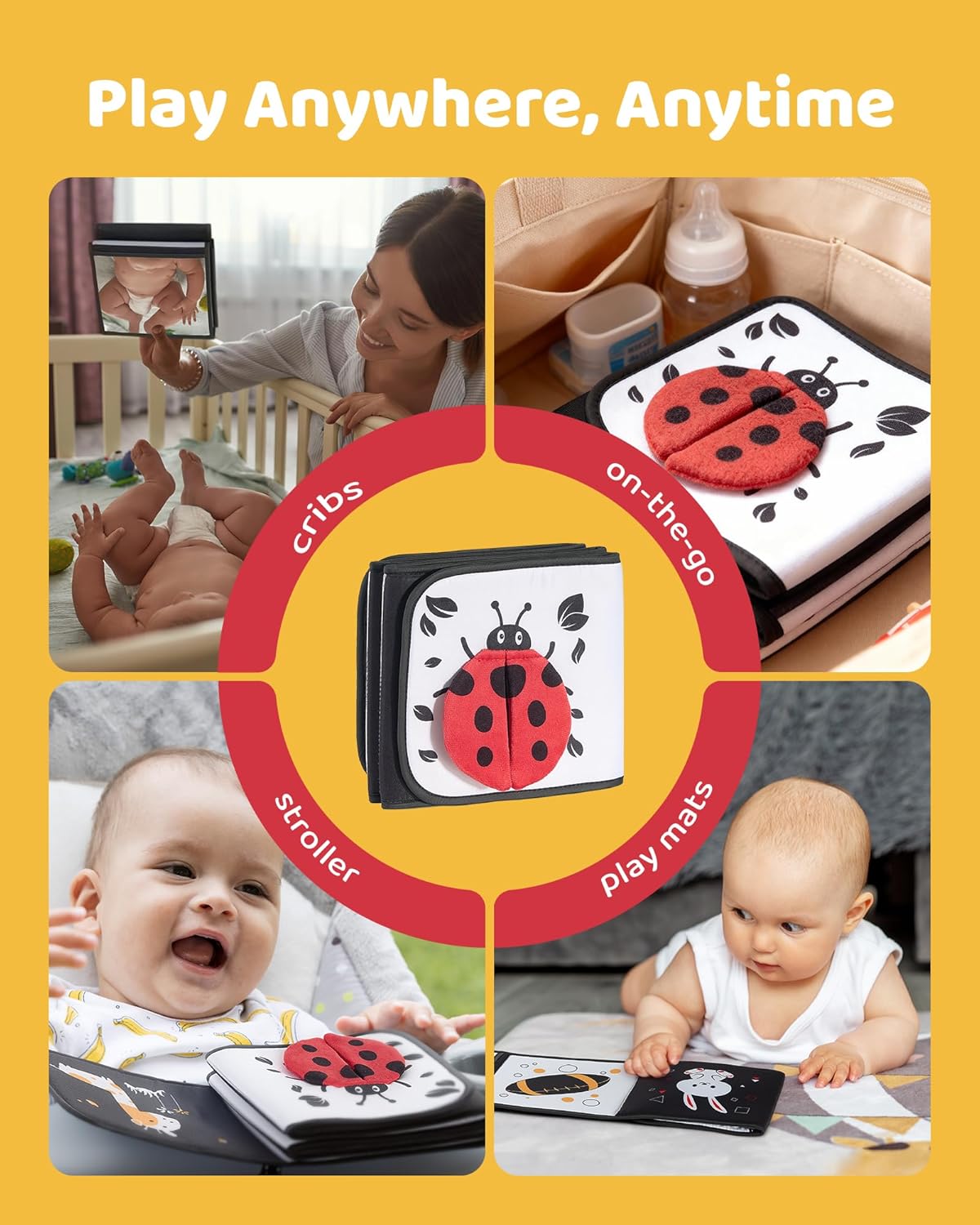 Skiennix Black and White Baby Books - Tummy Time Mirror & Soft Montessori Sensory Toy for Infants 0-6 Months