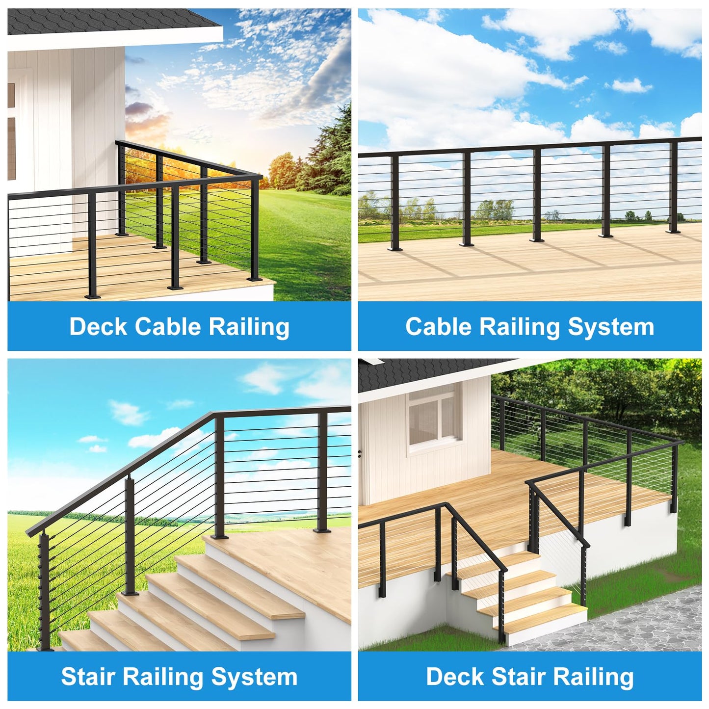 RailinGo 10FT Rectangular Cable Railing Handrail, Black Stainless Steel Handrail with Nylon End Caps for Deck Stair Railing System, 10' Flat Top Cuttable Deck Cable Rail Post System, RG01-H