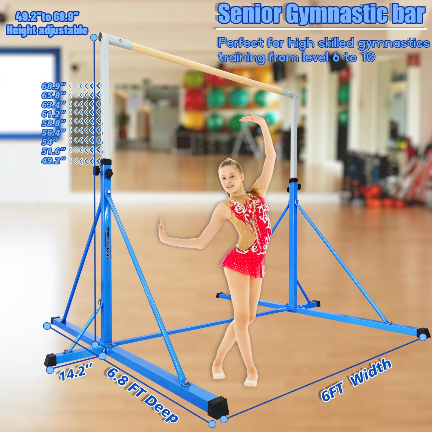 Seliyoo Gymnastics Bar,Gymnastic Bar For Kids,6FT Tall, 7.2 FT Base Length,Height Adjustable 49.2" to 68.9", Big Triangle Support,Senior Gym Equipment Girls Home,Gym Center,Weight Limit 550 LBS