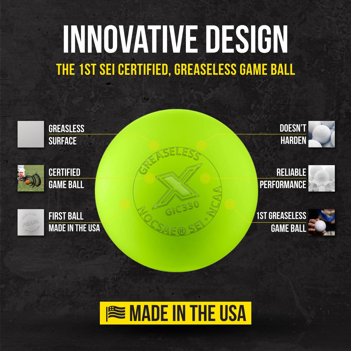 PEARL X Greaseless Lacrosse Balls by Guardian Innovations, 10 Pack, Optic Yellow - Official Ball of the PLL, WLL, NCAA® Lacrosse Championships, and the MCLA