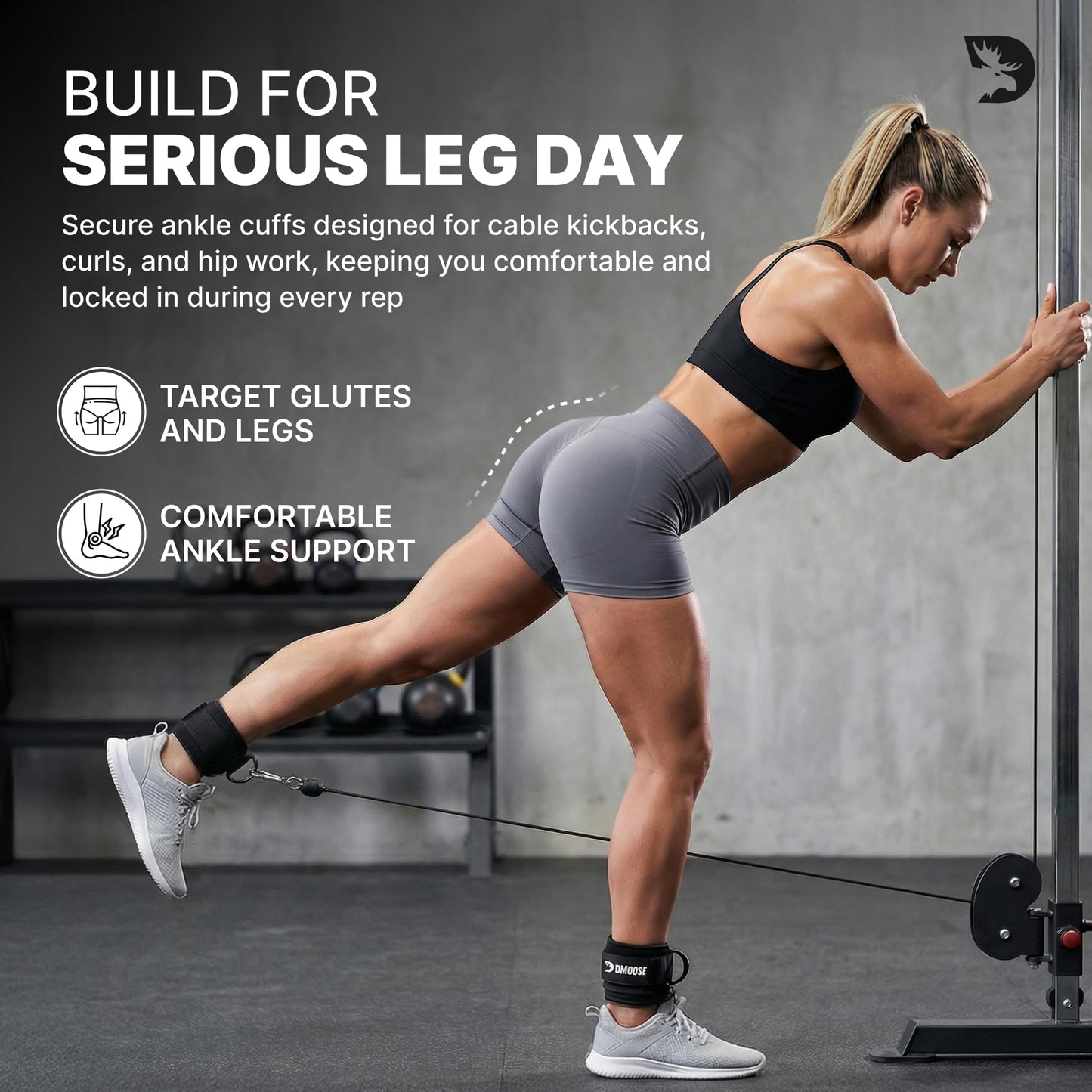 DMoose Ankle Strap for Cable Machine - One Size Fit with Premium Padding, Workout Kickback Ankle Cuffs, Ankle Bands for Working Out, Booty Workouts, Leg Extension, Hip Abductors & Lower Body Exercises