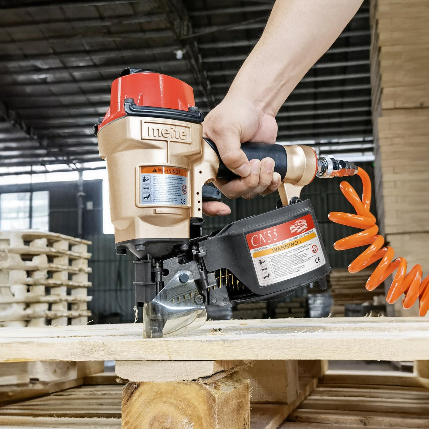 meite CN55 Siding Nailer Pneumatic Nail Gun Accepts 15 Degree 1" to 2-1/4" Coil Nails, Air Siding Nail Gun with Adjustable Exhaust for Hardwood Pallets Fencing Decking Sheathing