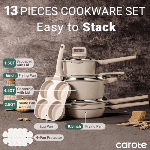 CAROTE 13-Piece Non-Stick Cookware Set - Taupe Induction Pots and Pans with Lids | Kitchen Essentials