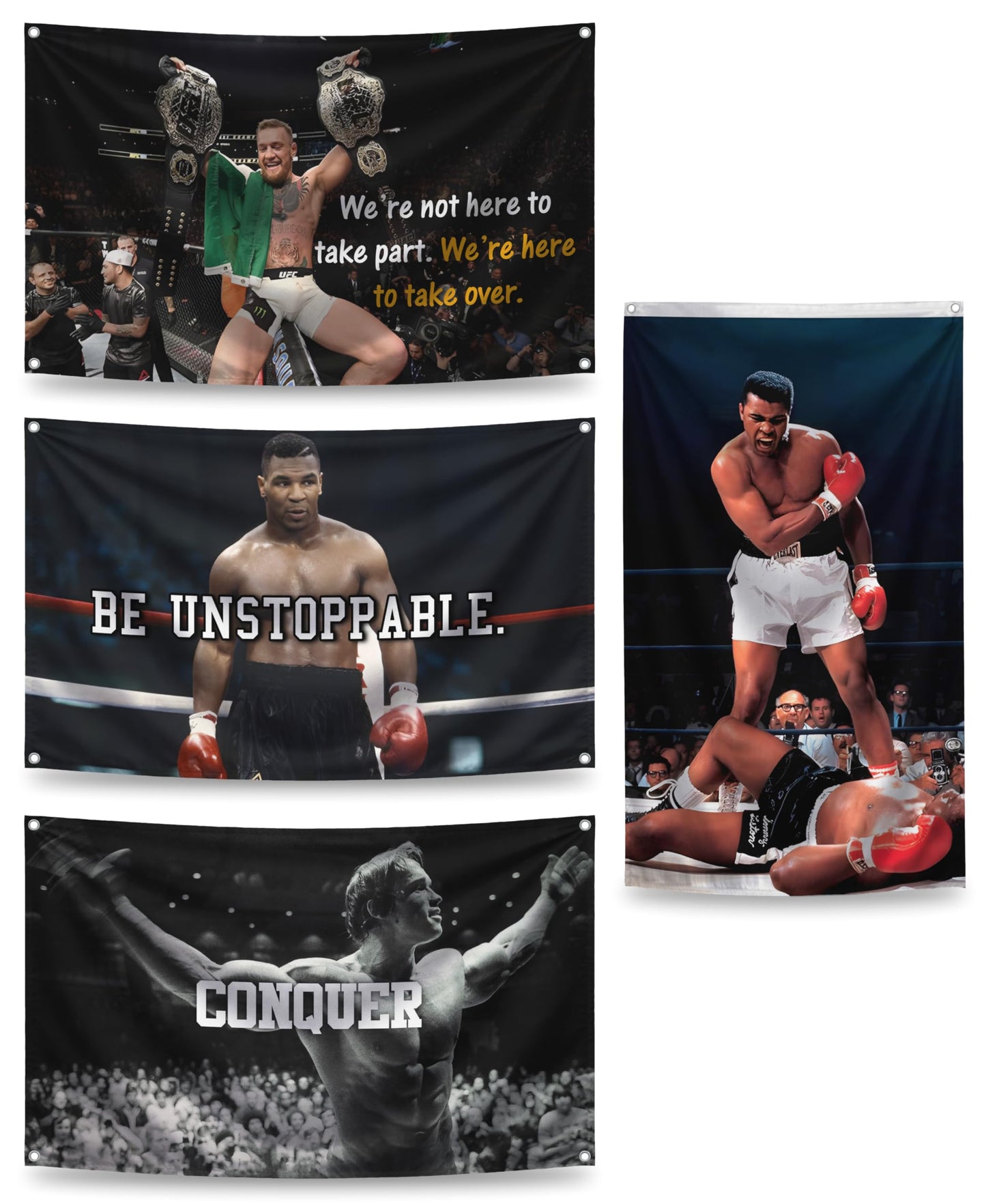 Set 4X Motiv Sports and Quote Polyester Flags 3x5 Ft with 4 and 2 Grommets - Muhammad Motivational Workout Single Sided Banner - Inspire Your Workout with this Banner - Boxing Inspirational Gym Flags
