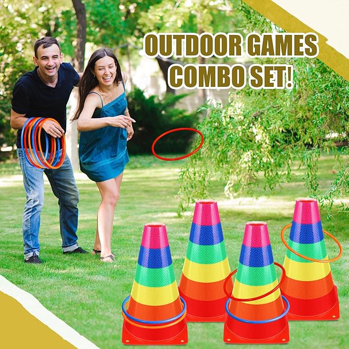 Leitee 6 Sets Candy Corn Ring Toss Game Plastic Cones Ring Toss Combo Set Mini Traffic Cones Toss Game for Sports Training Garden Backyard Outdoor Activities(Colorful,Carnival Game)