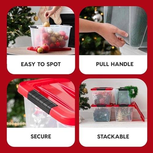 IRIS USA Stackable Plastic Storage Bins - 19 Qt, BPA-Free, Durable, 4 Pack, Red with Lids