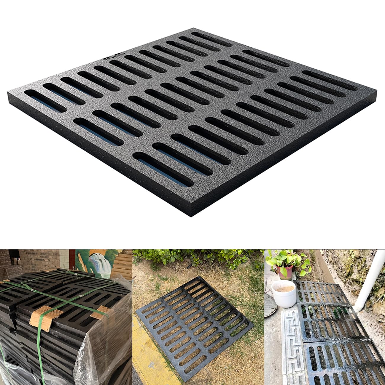 Cast Iron Drain Grate, 24 * 24in Outdoor Drain Cover, B125 Class Ductile Iron Channel Drainage Grates, Heavy Duty Sewer Grate,Black Square Drain Grate for Yard,Driveway,Concrete Floor.
