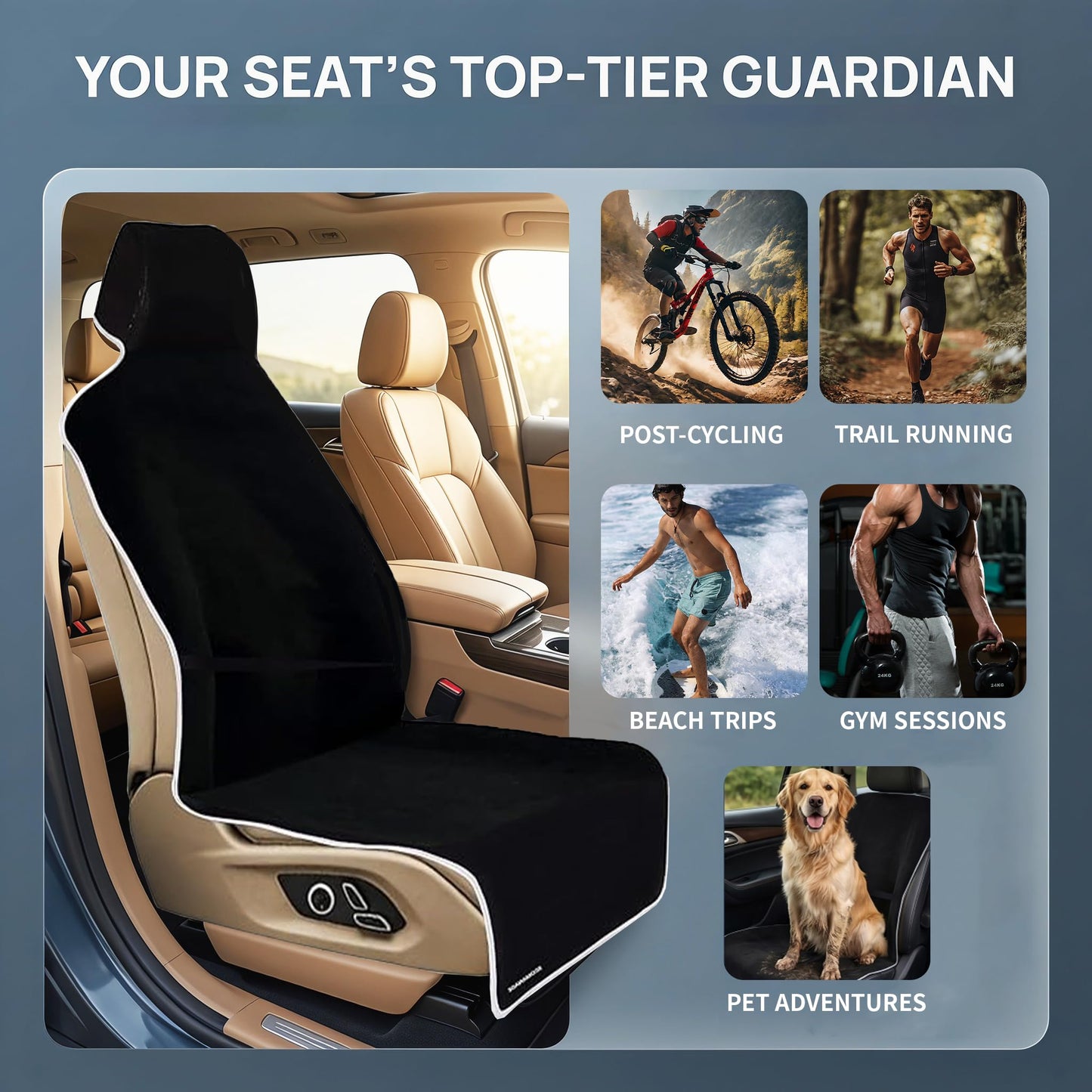 SCOMANAGE Waterproof Stain Resistant Towel Car Seat Covers，Universal Non-Slip for Gym Workout, Swimming, Beach and Workout Outdoor, Machine Washable(Black,2 Pack)