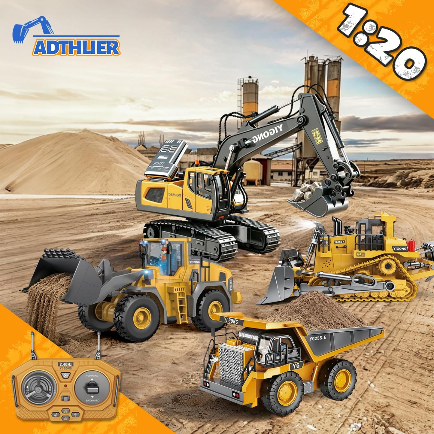 ADTHLIER Remote Control Excavator (11-Channel), Dump Truck, Bulldozer, Loader (9-Channel), 2.4GHz Remote Control Construction Vehicles, Metal Construction, with Cool Lights and Sound Effects, 4-Pcs