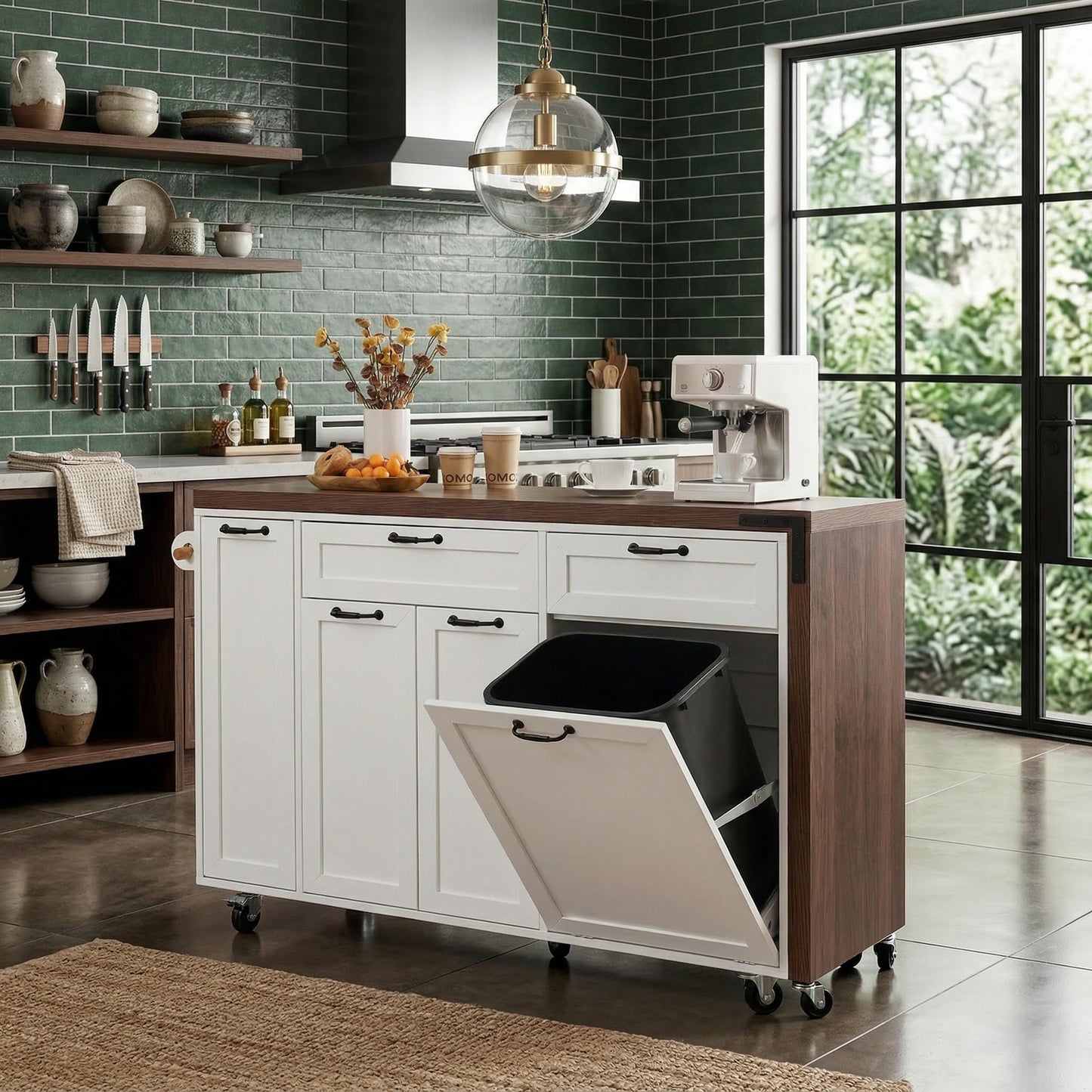 Casaphoria 102.3" Extendable Kitchen Island on Wheels, Rolling Kitchen Cart with Tilt-Out Trash Can Cabinet & 3-Tier Spice Rack, Mobile Drop Leaf Dining Table Prep Station for Small Spaces, White