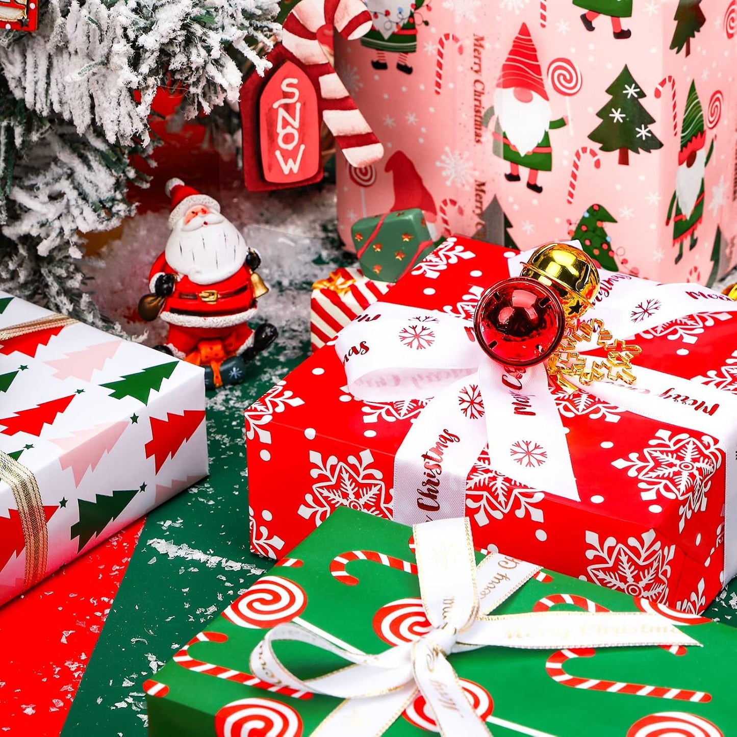 WRAPAHOLIC Christmas Wrapping Paper Roll - Jumbo 30 Inch Gnome Elf Holiday Collection | 4 Rolls, Red, Green, Pink