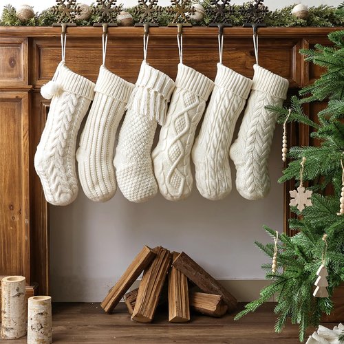Christmas Stockings: 6 Pack 18 Inch Cream White Cable Knit Personalized Christmas Stockings, Rustic Hanging Xmas Stockings Farmhouse Boho Beige Knitted Stockings Decorations for Family Holiday Decor