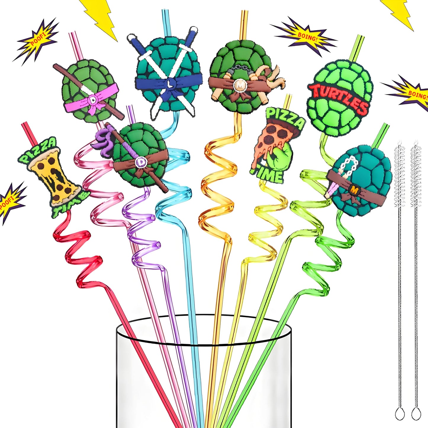 Reusable Ninja Green Turtles Themed Party Straws - 24 PCS Plastic Turtles Drinking Straws for Kids Birthday Party Decorations - Party Favors- Party Supplies with 2 Clean Brushes LEDUO