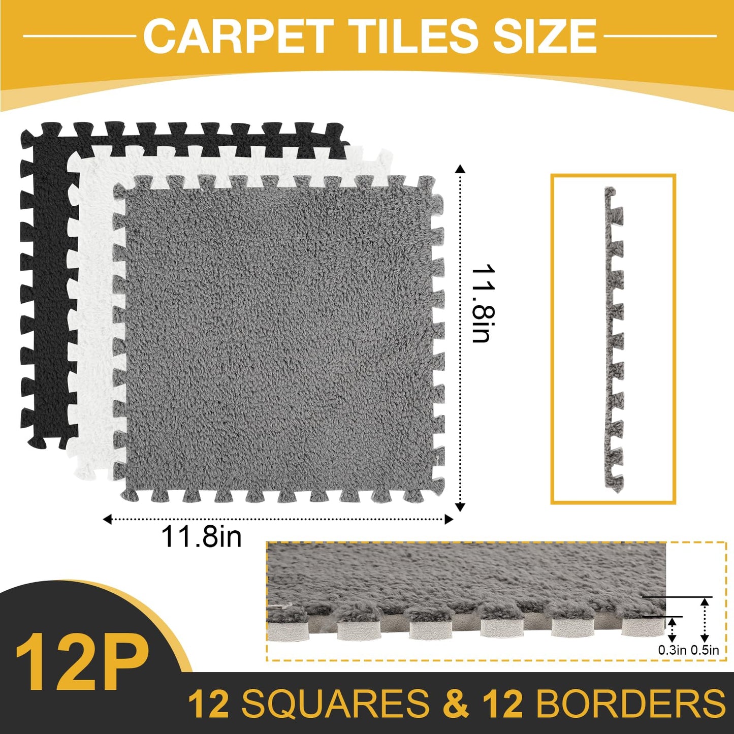 12 Pcs Plush Interlocking Carpet Tiles, Non-Toxic Foam Carpet Tiles for Toddler Baby, Anti-Slip, EVA Foam Interlocking Tiles for Floor, Nursery, Playroom, Grey White Black